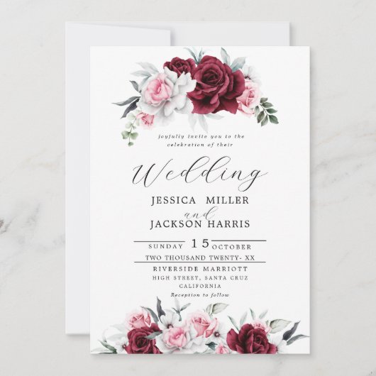 ホワイト素朴マルーンバラフローラ結婚ズ 招待状 (正面)
