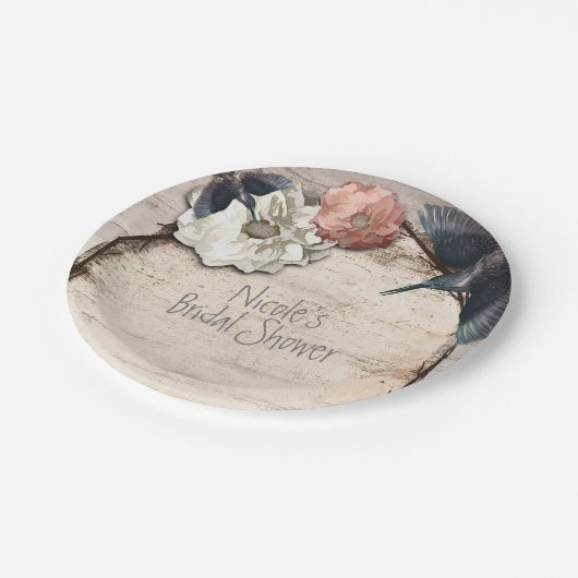 ホワイト素朴樺の木フローラ&ハミングバードエレガント ペーパープレート (アングル)