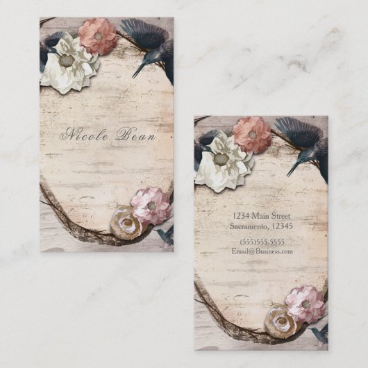 ホワイト素朴樺の木フローラ&ハミングバードエレガント 名刺 (正面/裏面)