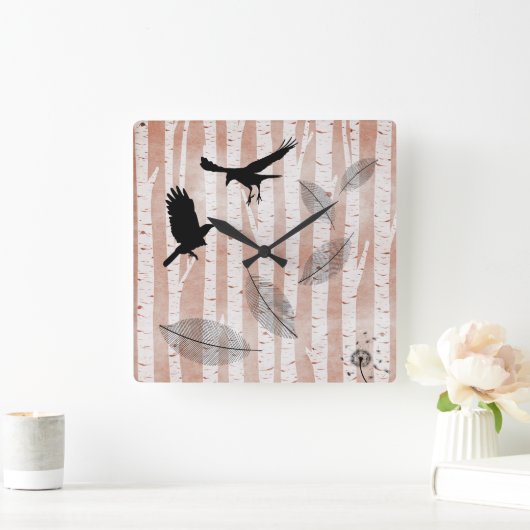 ホワイト素朴樺の木林のカラス スクエア壁時計 (ホーム)