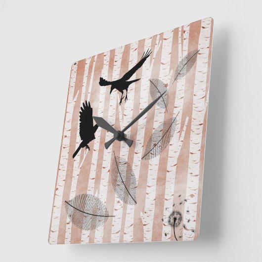 ホワイト素朴樺の木林のカラス スクエア壁時計 (傾斜)