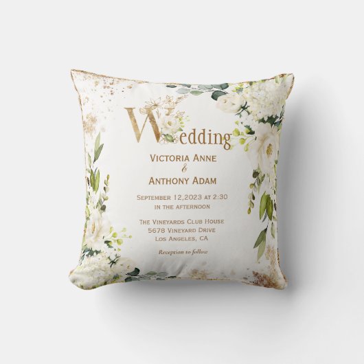 ホワイト素朴金ゴールド結婚フローラ クッション (正面)