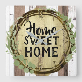 ホワイト素朴&ブラウンウッドボタニカルリースバーン スクエア壁時計