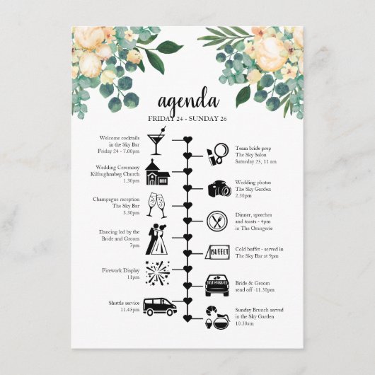 ホワイト結婚の週末のスケジュール、ゲストの議題 アドバイスカード (正面)