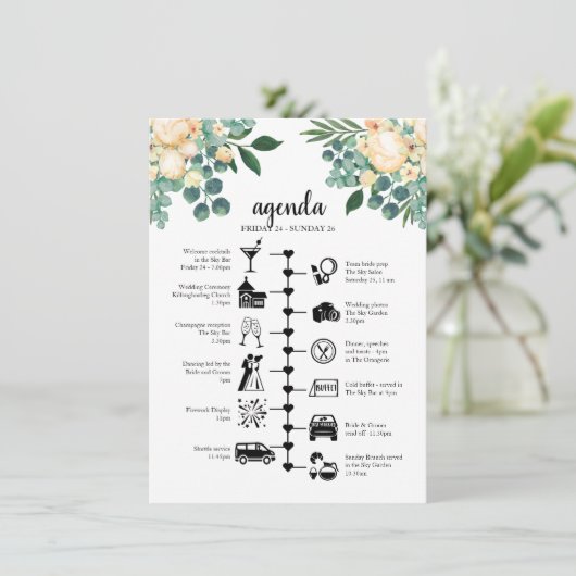 ホワイト結婚の週末のスケジュール、ゲストの議題 アドバイスカード (スタンド正面)