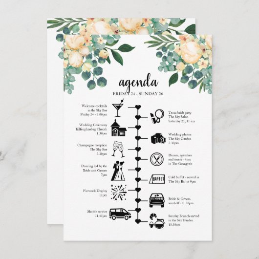 ホワイト結婚の週末のスケジュール、ゲストの議題 アドバイスカード (正面/裏面)