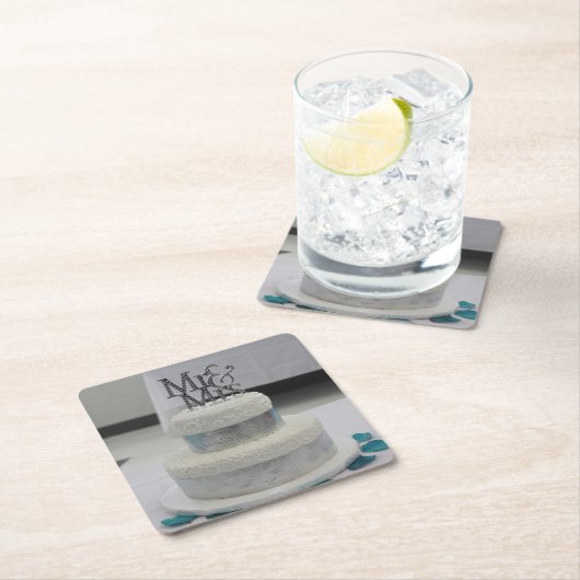 ホワイト結婚ズケーキのコースター結婚を閉じる スクエアペーパーコースター (インサイチュ)