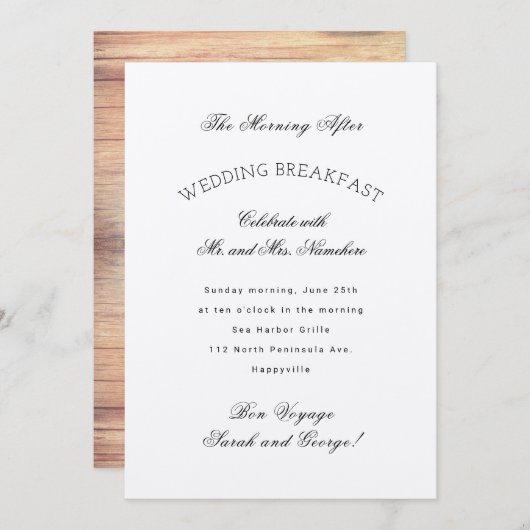 ホワイト結婚ズブレックファーストウッドバック招待状 招待状 (正面/裏面)