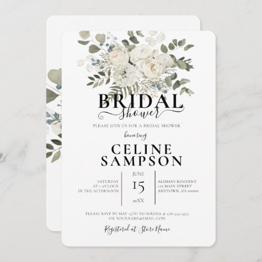 ホワイト結婚ズブーケイラストレーションブライダルシャワー 招待状 (正面/裏面)