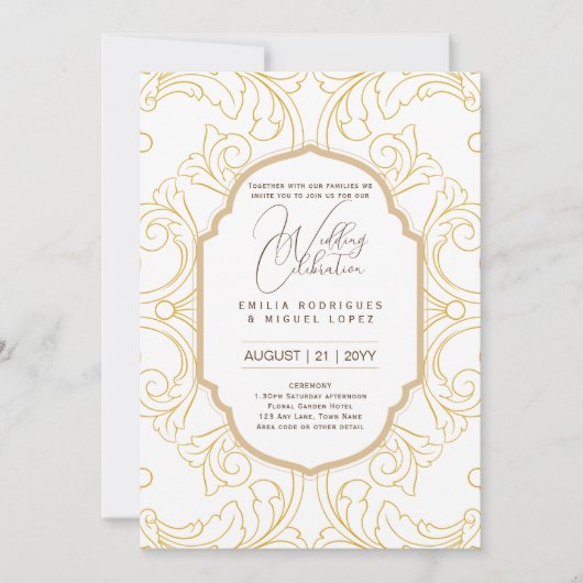 ホワイト結婚金ゴールドの華美テーマエレガントクラス 招待状 (正面)