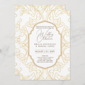 ホワイト結婚金ゴールドの華美テーマエレガントクラス 招待状 (正面/裏面)
