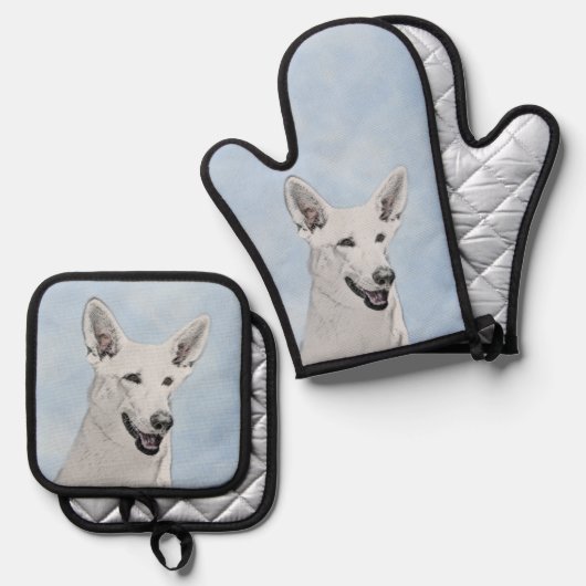 ホワイト絵を描シェパードのかわいいオリジナルペットドッグアート 鍋つかみ&鍋敷きセット (正面/裏面)