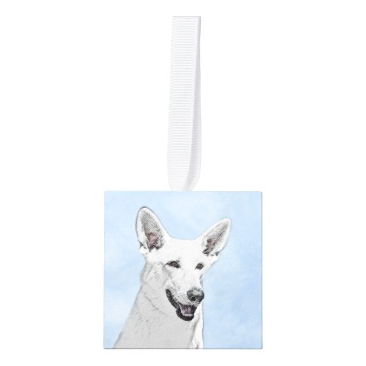 ホワイト絵画シェパード – かわいいオリジナルドッグアート キューブオーナメント (正面)