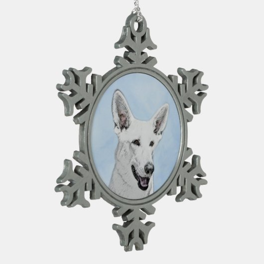 ホワイト絵画シェパード – かわいいオリジナルドッグアート スノーフレークピューターオーナメント (左)