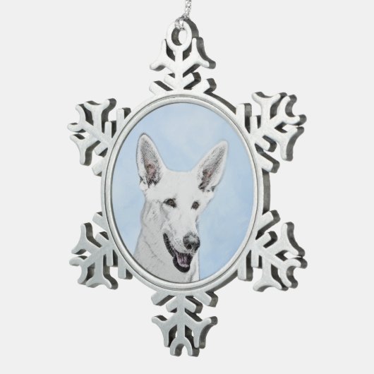 ホワイト絵画シェパード – かわいいオリジナルドッグアート スノーフレークピューターオーナメント (右)