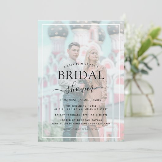 ホワイト縁どベラムエフェクトフォトブライダルシャワー 招待状 (スタンド正面)