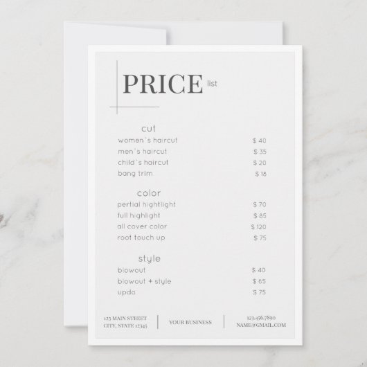 ホワイト美しいサロン価格表ラックカード 招待状 (正面)