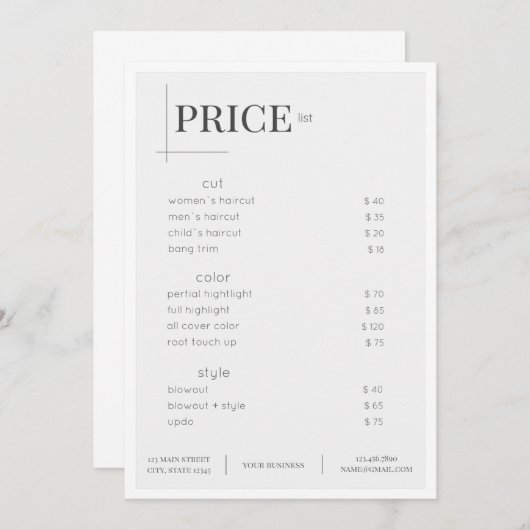 ホワイト美しいサロン価格表ラックカード 招待状 (正面/裏面)
