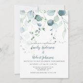 ホワイト背景にダスティブルー＆セージグリーンのユーカリ 招待状 (正面)