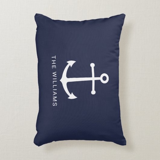ホワイト航海のいかりと名前をカスタムするオンネイビーブルー アクセントクッション (正面(垂直))