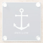 ホワイト航海のいかりと名前をカスタムするオンネイビーブルー ガラスコースター (裏面)