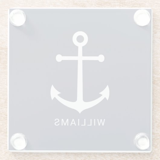 ホワイト航海のいかりと名前をカスタムするオンネイビーブルー ガラスコースター (裏面)