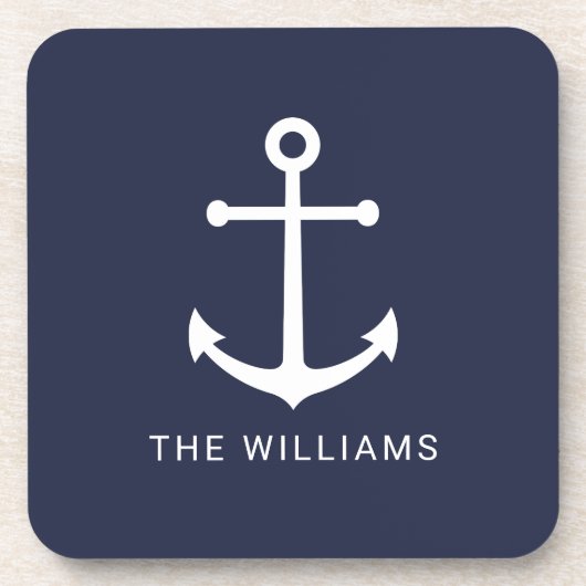 ホワイト航海のいかりと名前をカスタムするオンネイビーブルー コースター (正面)