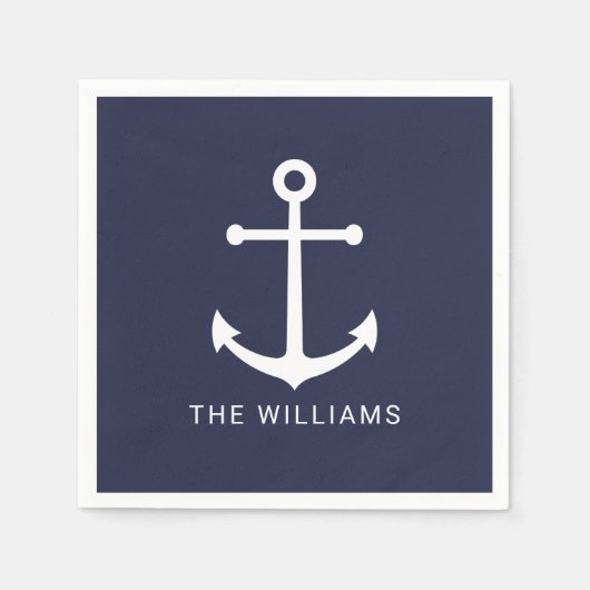ホワイト航海のいかりと名前をカスタムするオンネイビーブルー スタンダードカクテルナプキン (正面)