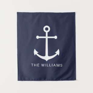ホワイト航海のいかりと名前をカスタムするオンネイビーブルー タペストリー