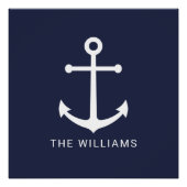 ホワイト航海のいかりと名前をカスタムするオンネイビーブルー ポスター (正面)