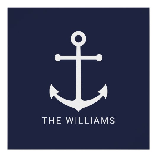 ホワイト航海のいかりと名前をカスタムするオンネイビーブルー ポスター (正面)