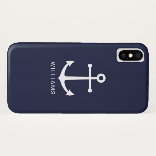 ホワイト航海のいかりと名前をカスタムするオンネイビーブルー Case-Mate iPhoneケース (裏面(横))