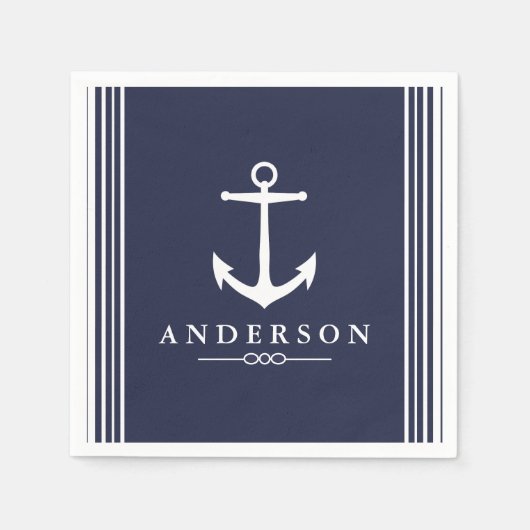 ホワイト航海のいかり&ネイビーブルー |パーソナライズされた | スタンダードカクテルナプキン (正面)