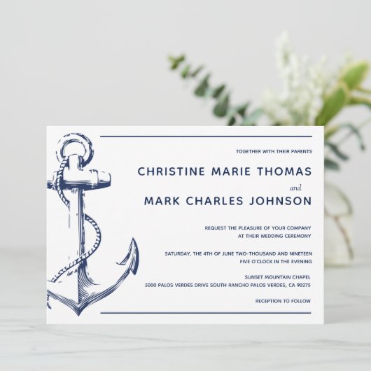 ホワイト航海のネイビーシップいかり結婚式招待状 (スタンド正面)