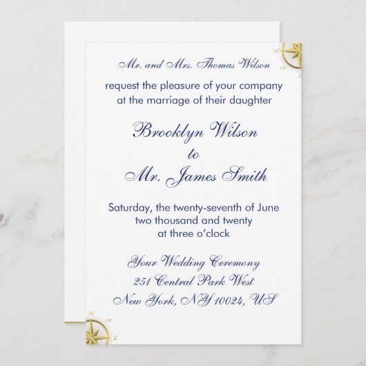 ホワイト航海の結婚式招待状金ゴールドコンパス 招待状 (正面/裏面)