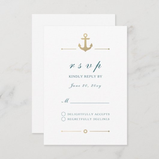 ホワイト航海の金ゴールドいかり応答RSVPカード 出欠カード (正面/裏面)
