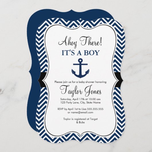 ホワイト航海の&ネイビーベイビーシャワー招待状 招待状 (正面/裏面)
