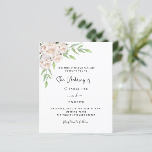 ホワイト花模様の緑の予算結婚式招待状 (スタンド正面)