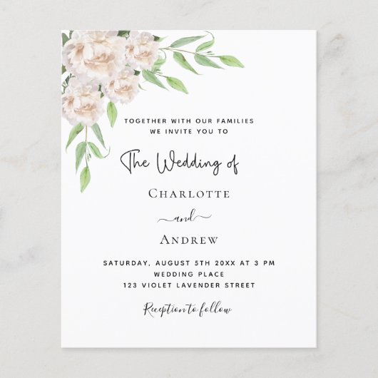 ホワイト花模様の緑の予算結婚式招待状 (正面)