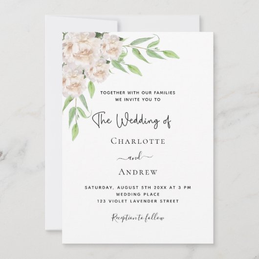 ホワイト花模様グリーンQRコードRSVP 結婚's 招待状 (正面)