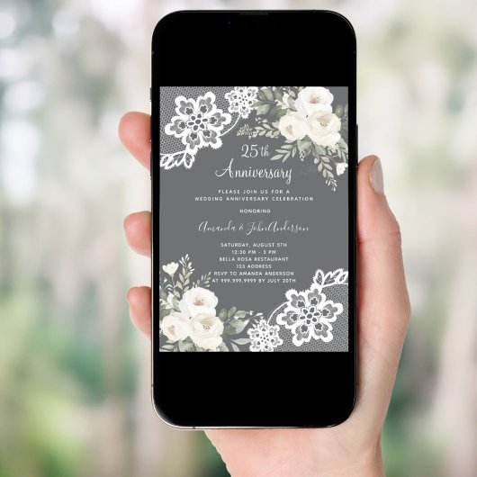 ホワイト花模様グレイ25結婚周年 招待状