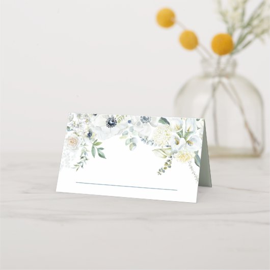 ホワイト花模様ユーカリ葉名結婚日付 プレイスカード (正面)