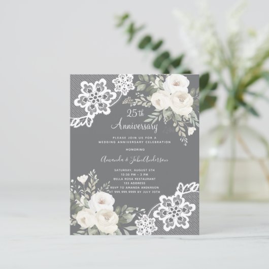 ホワイト花模様25結婚周年の招待状 (スタンド正面)