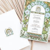 ホワイト花模様&グリーンエレガンスアールヌーボー結婚ズ 招待状