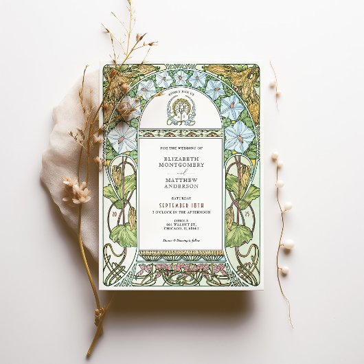 ホワイト花模様&グリーンエレガンスアールヌーボー結婚ズ 招待状