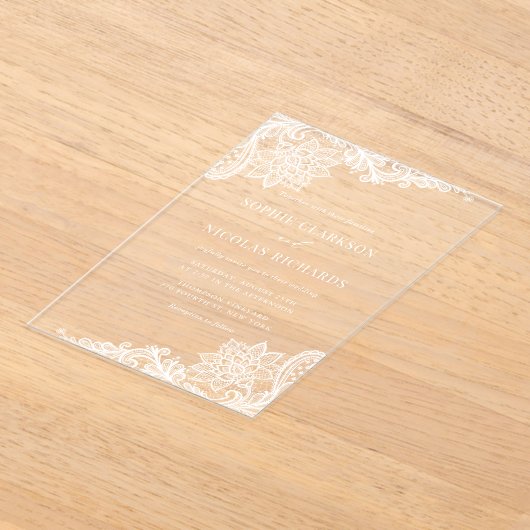 ホワイト華美アンティークレースエレガントウェディング アクリル招待状 (レイダウン)