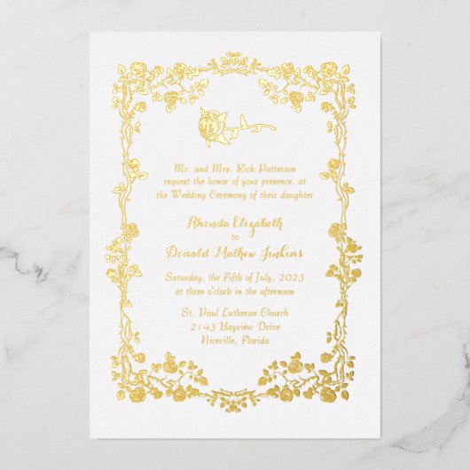 ホワイト華美縁どバラ箔招待状 箔招待状 (正面)