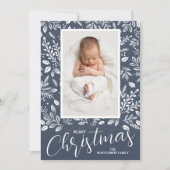 ホワイト葉デニム写真クリスマス誕生 案内状 (正面)
