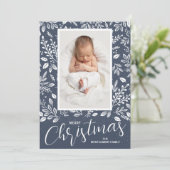 ホワイト葉デニム写真クリスマス誕生 案内状 (スタンド正面)