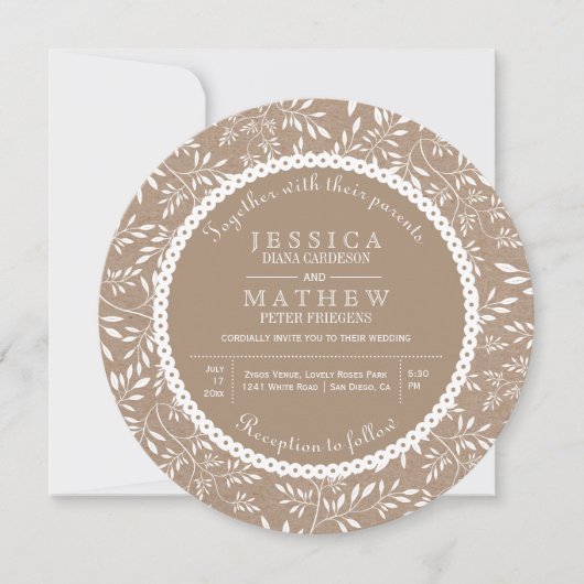 ホワイト葉パタンのクラフト紙ラスチッ結婚クの 招待状 (正面)